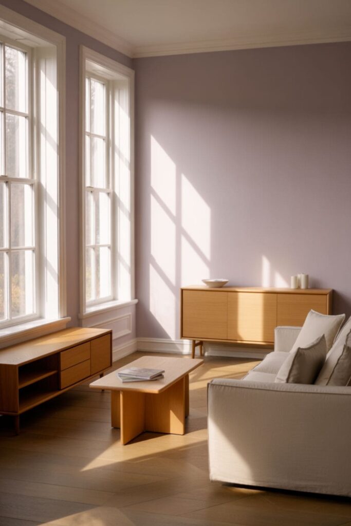 Muted lavender living room walls glowing gently in early morning light