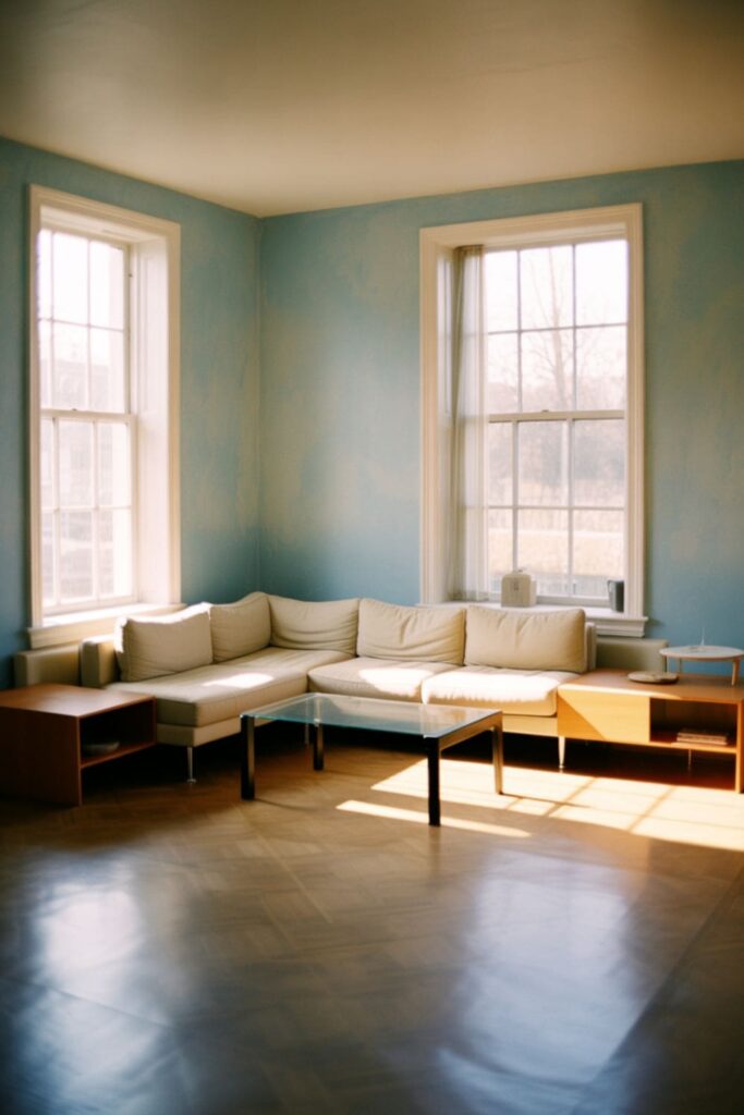 Muted sky blue living room with fresh morning light from east-facing windows