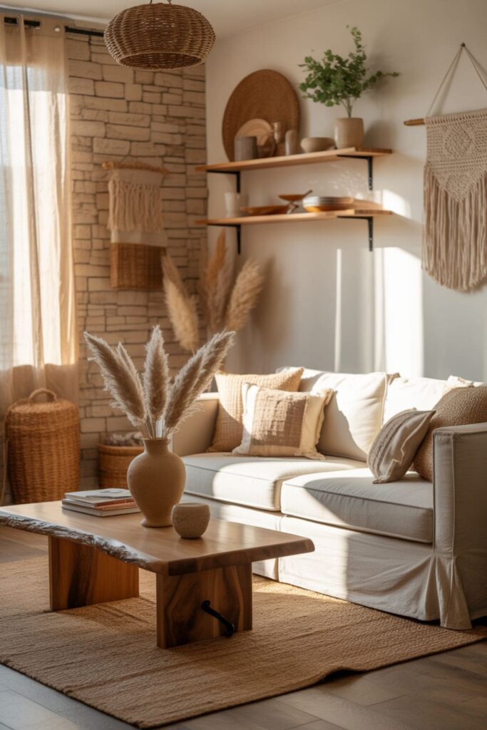 Natural materials like wood and linen used in a rental living room