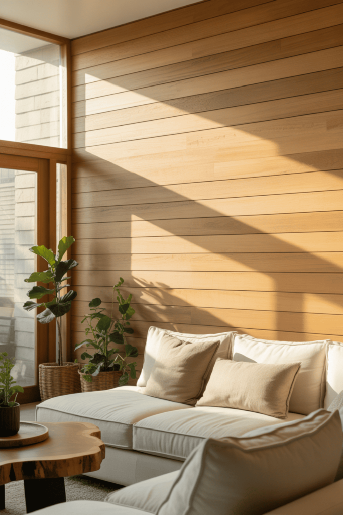 Natural wood wall paneling creating a warm and cozy living room atmosphere