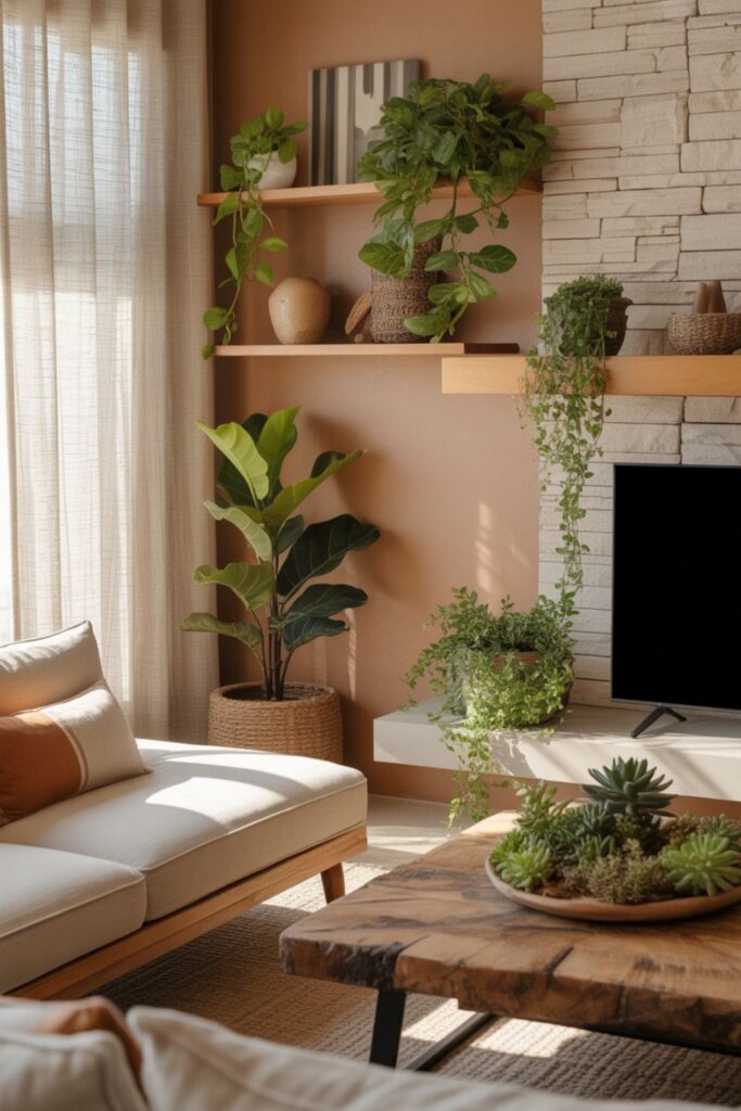 Nature-inspired living room without a TV using wood, plants, and earthy colors