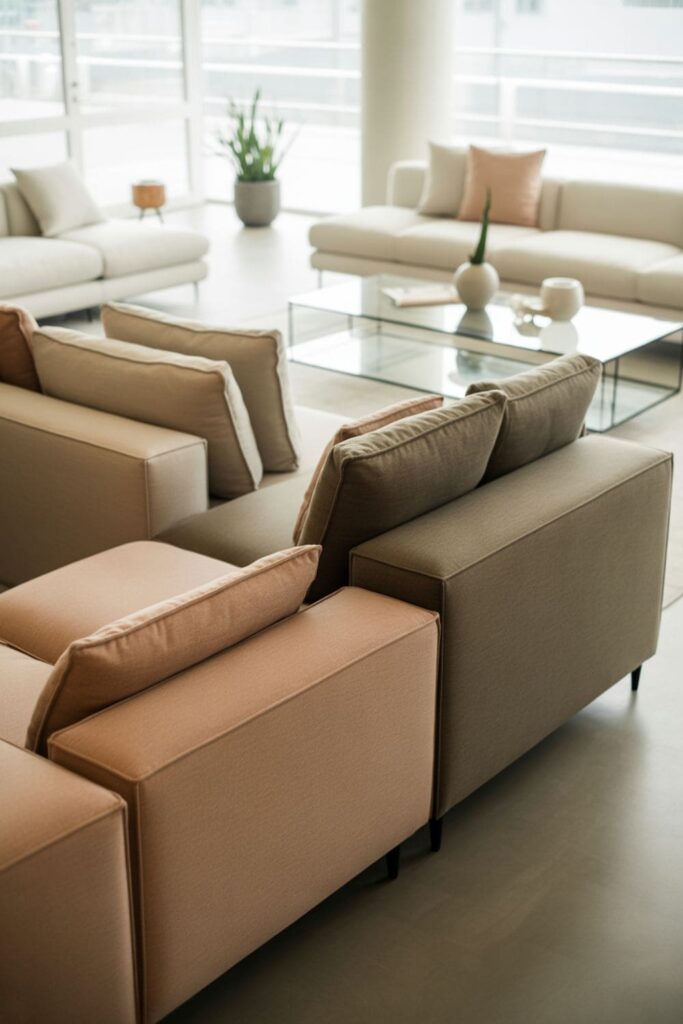 Neutral living room with recliners blending into sofa fabric, minimal decor, and bright airy space