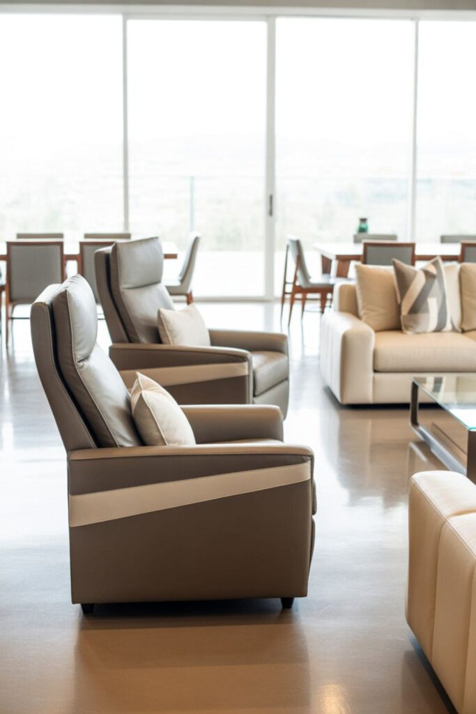 Open-concept living room featuring recliners facing sofa, matching furniture, and bright airy space