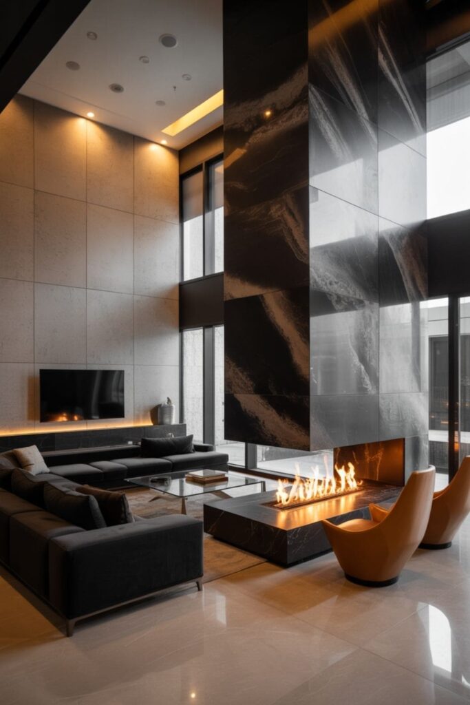 Open-plan living room featuring a double-sided fireplace with a TV on one side