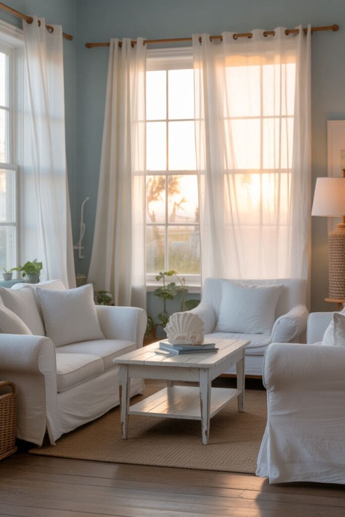 Pale blue east-facing living room with fresh morning sunlight and airy decor