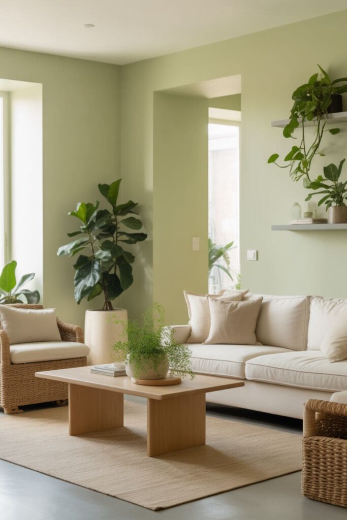 Pale eucalyptus green living room with calm natural light from north or east