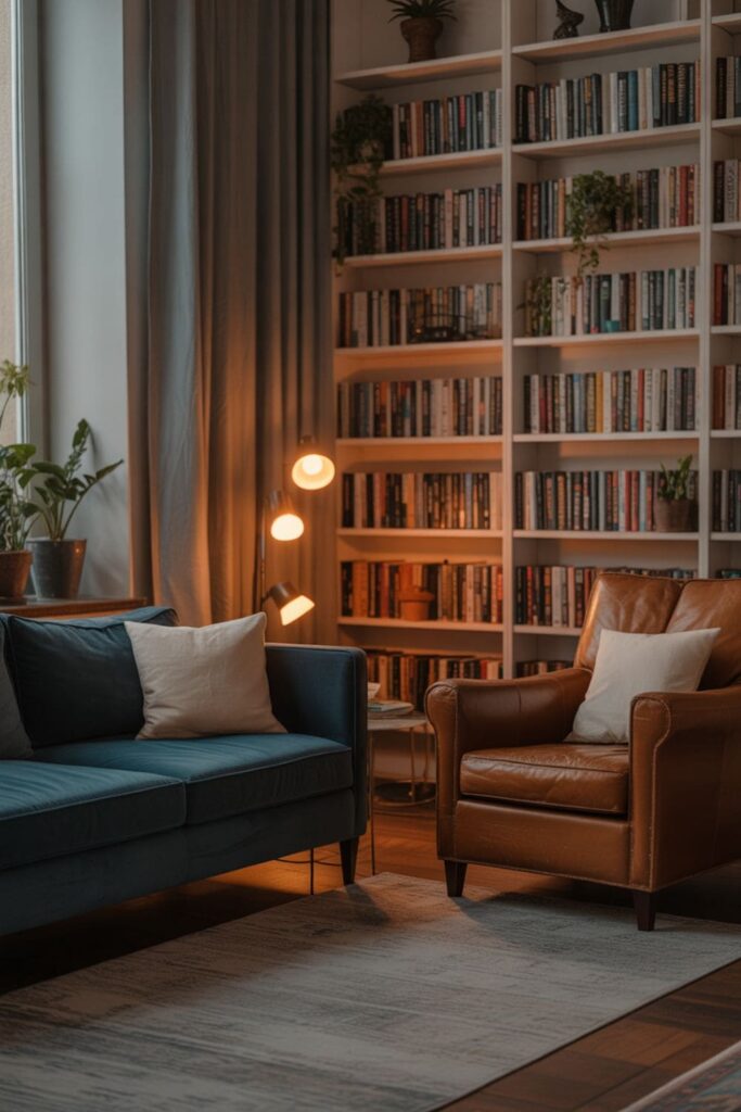 Reading retreat living room without a TV featuring bookshelves, armchair, and soft lighting