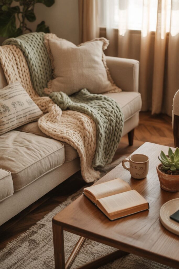 Relaxed living room with imperfect styling and lived-in comfort