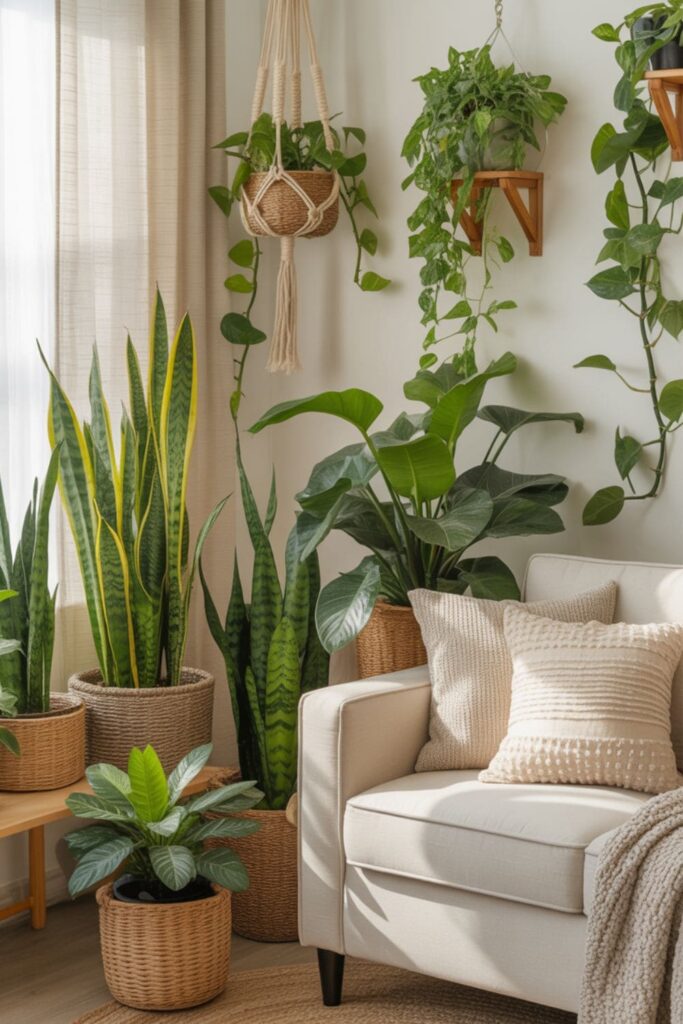 Rental living room decorated with indoor plants in neutral planters