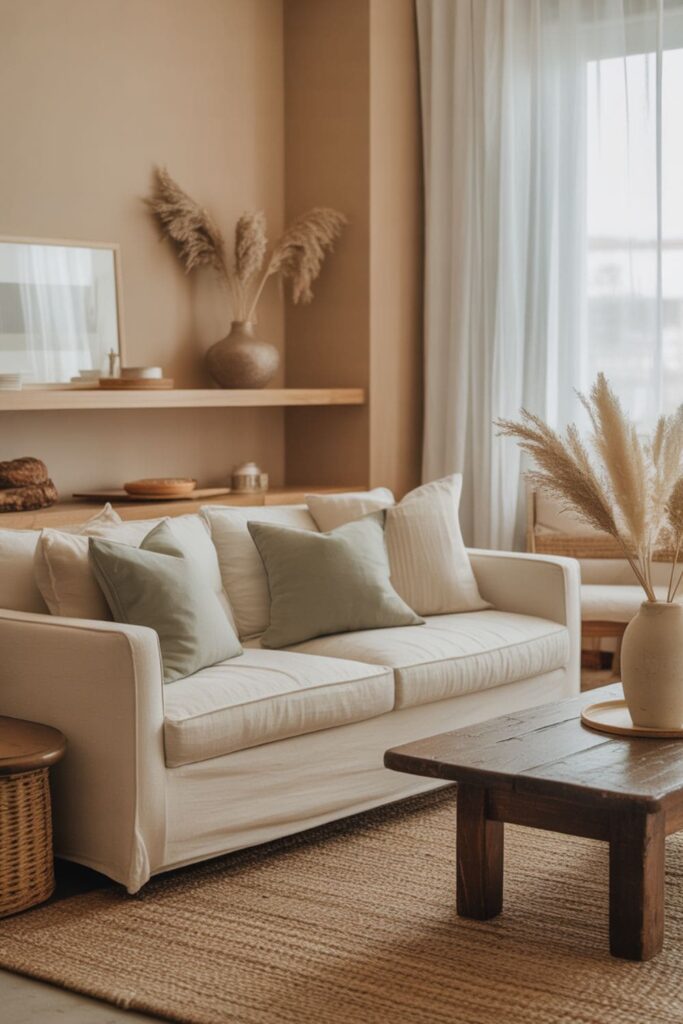Rental living room styled with a simple neutral color palette