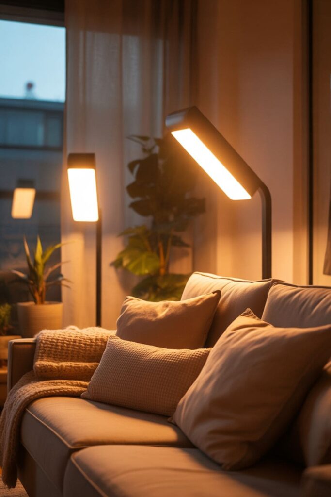 Rental living room styled with floor lamps instead of built-in lighting