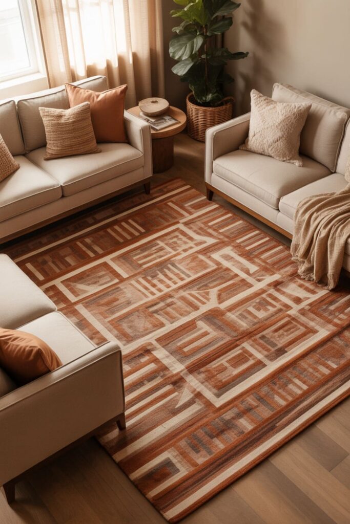 Rug-centered living room without a TV featuring a large statement rug as the focal point