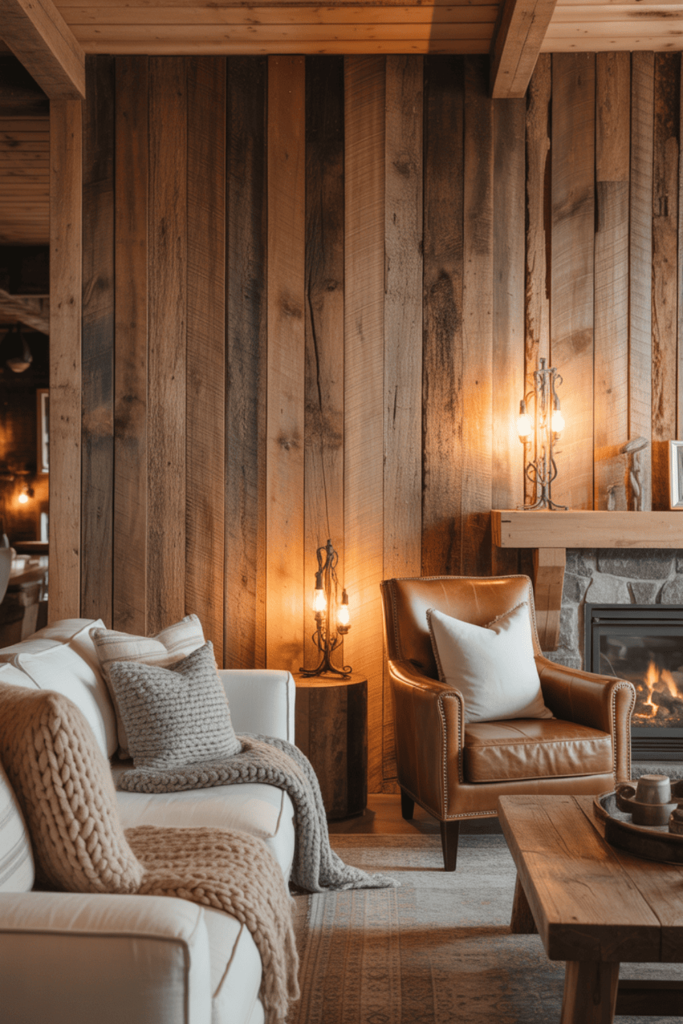 Rustic living room featuring reclaimed wood wall paneling