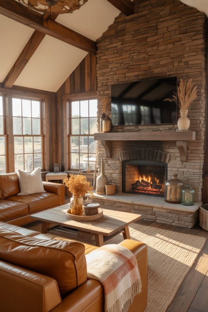 Rustic living room with a stone fireplace and integrated TV surrounded by warm textures