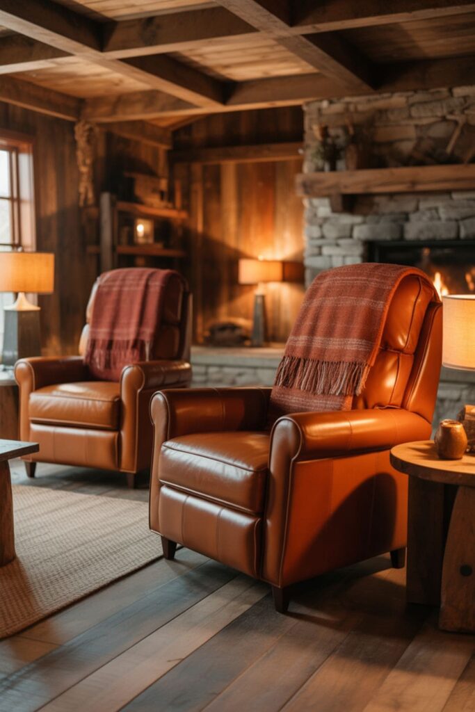 Rustic living room with warm-toned recliners, wooden beams, stone accents, and cozy lighting