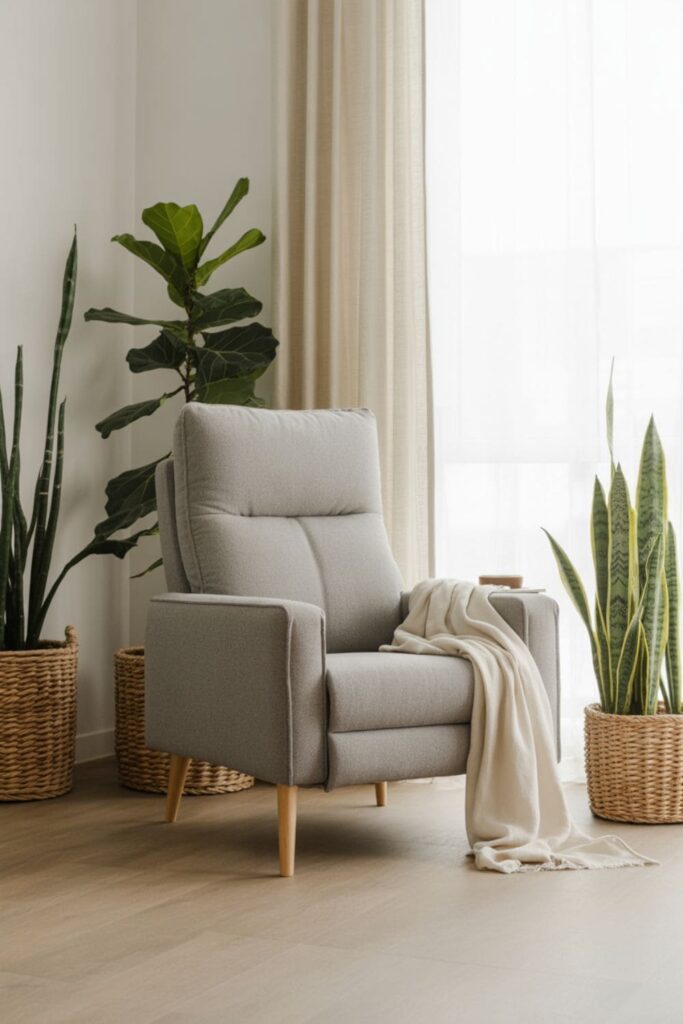 Scandinavian-style living room with wooden-legged recliner, neutral tones, plants, and natural light