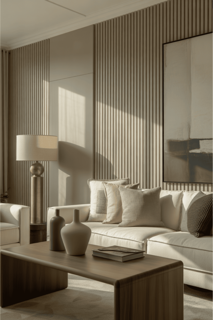 Slim vertical grooved wall paneling in a contemporary living room