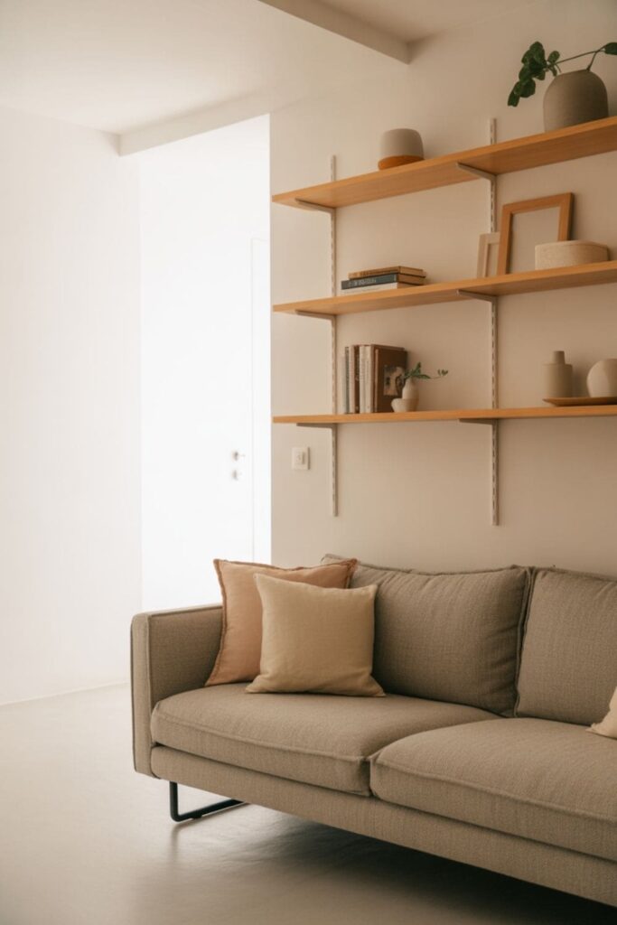 Small living room layout with a light grey couch and minimal decor