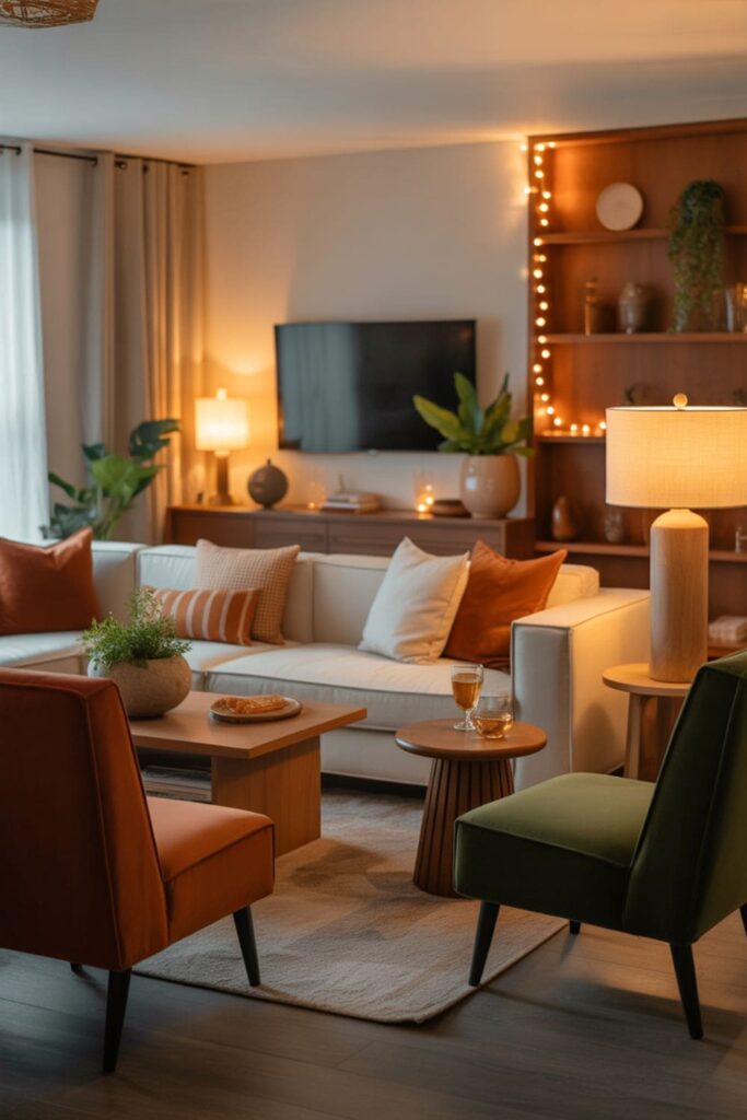 Social hosting living room without a TV with flexible seating and a welcoming layout