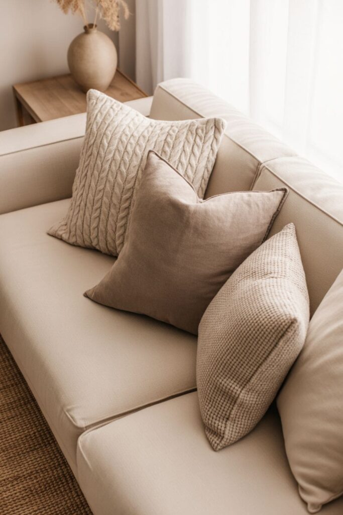 Sofa styled with fewer throw pillows in mixed sizes and neutral tones