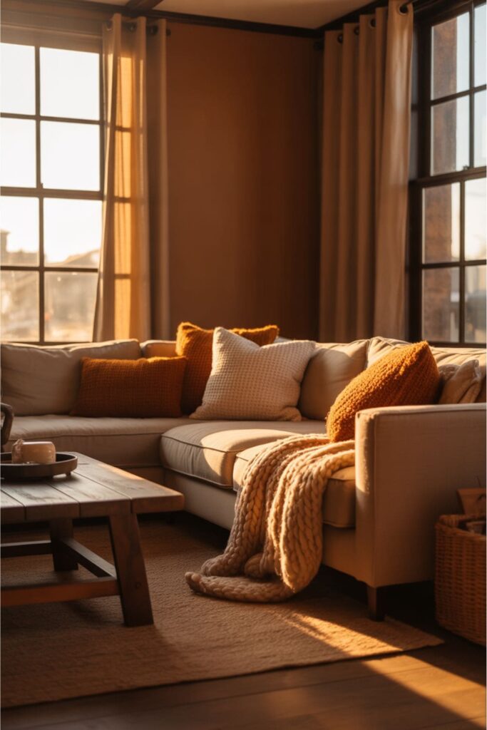 Soft cocoa living room walls glowing in warm golden-hour sunlight