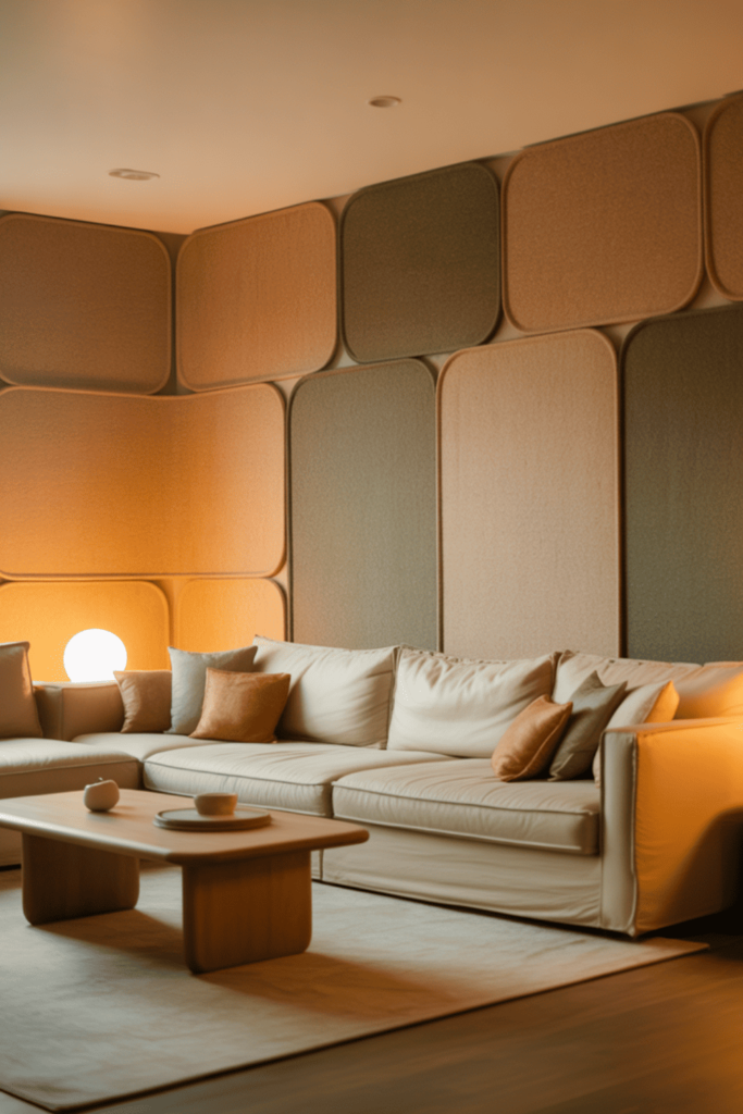 Soft felt wall panels improving acoustics in a cozy family living room