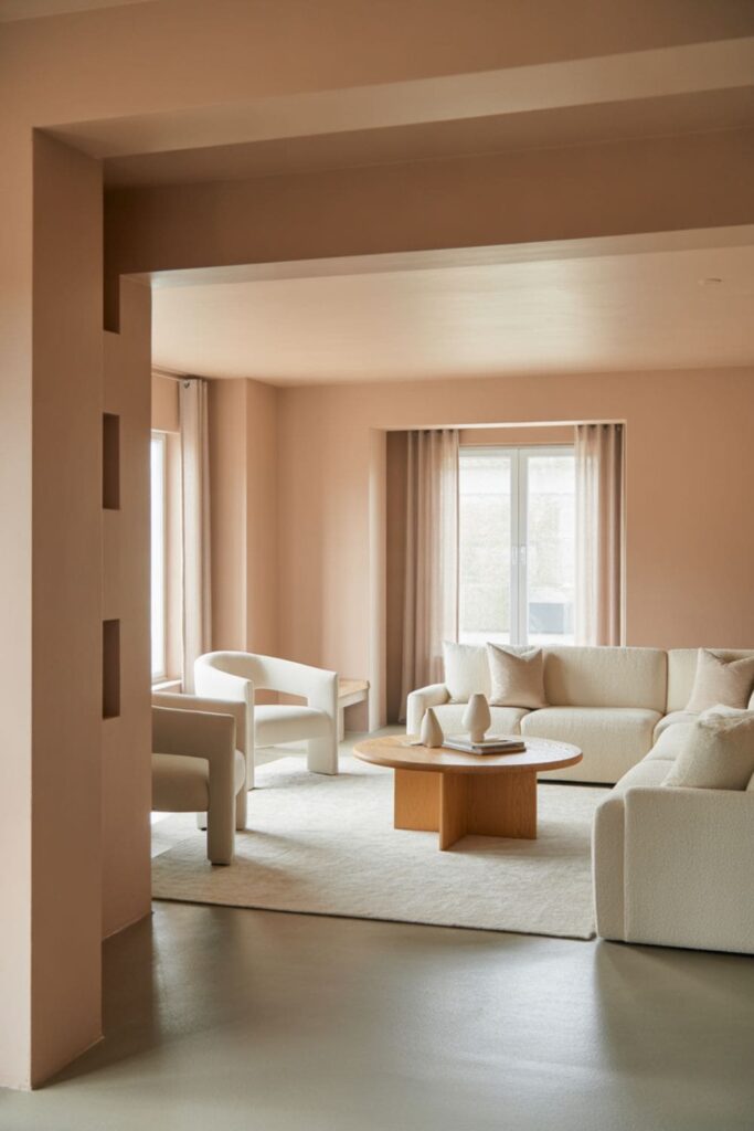 Soft greige living room color that adapts beautifully to changing light directions