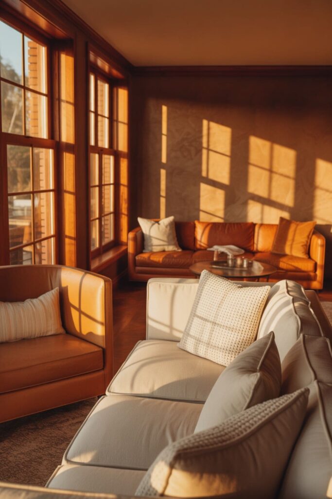 Soft mocha living room color deepened by warm afternoon sunlight