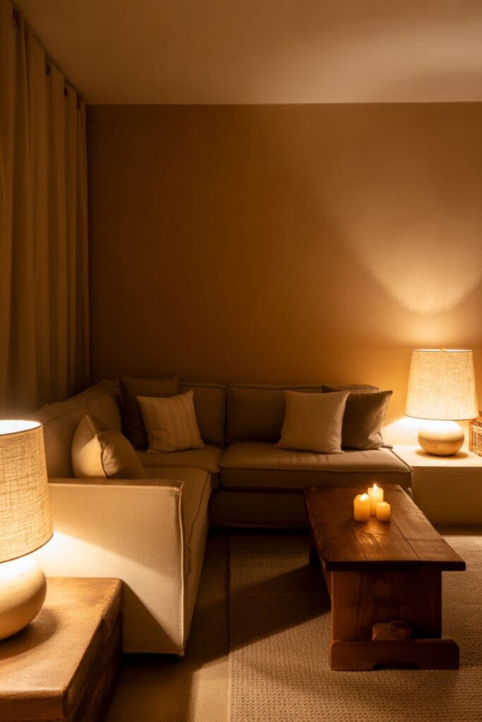 Soft sand colored living room designed to brighten a low-light space