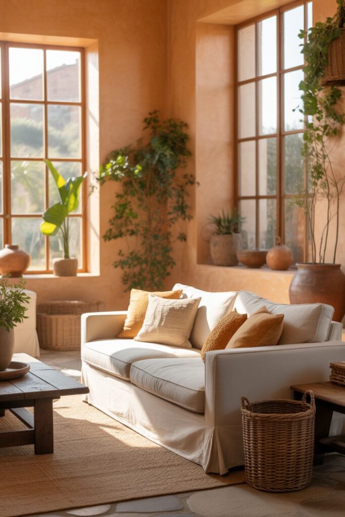 Soft terracotta living room walls glowing in bright sun-filled natural light