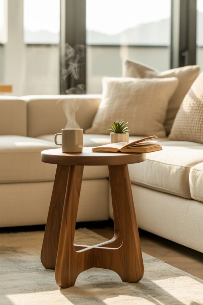 Stool used as a side table in a flexible living room layout