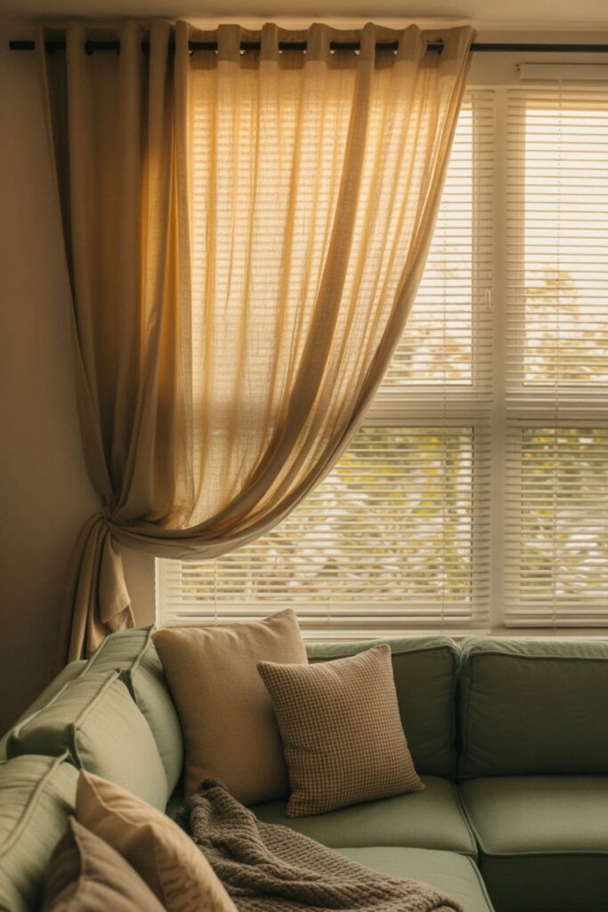 Styled windows with curtains and blinds in a rental living room