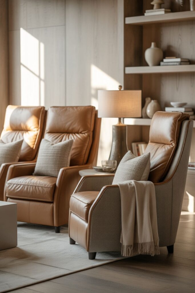 Stylish living room featuring recliners and accent chairs, layered furniture, and warm neutral tones