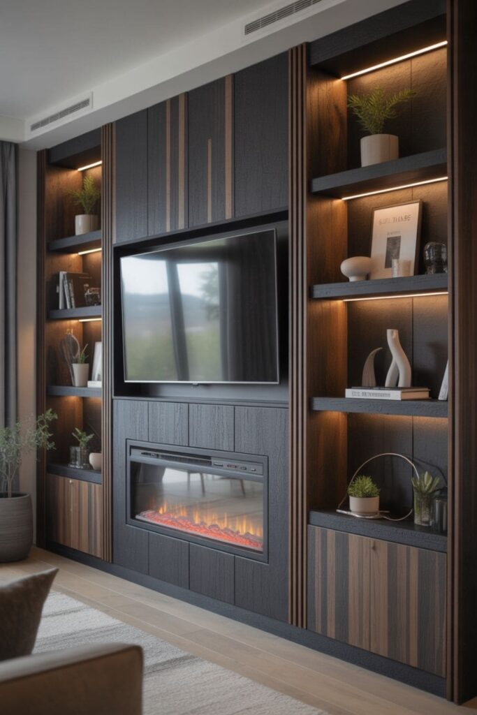 Stylish living room media wall combining a fireplace, TV, storage, and decorative accents