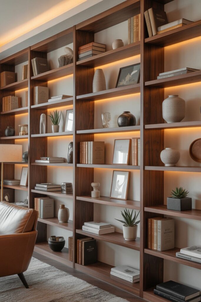 Stylish shelves displaying books, ceramics, plants, and art, curated boutique hotel interior