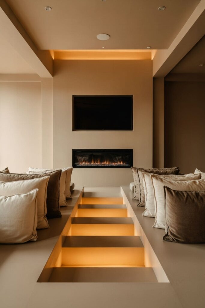 Sunken living room with a fireplace, mounted TV, and wrap-around seating