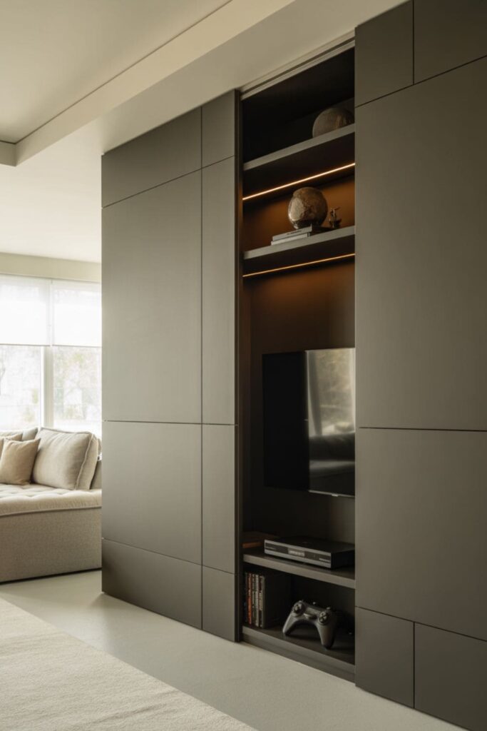 TV feature wall with hidden storage concealed behind sleek wall panels