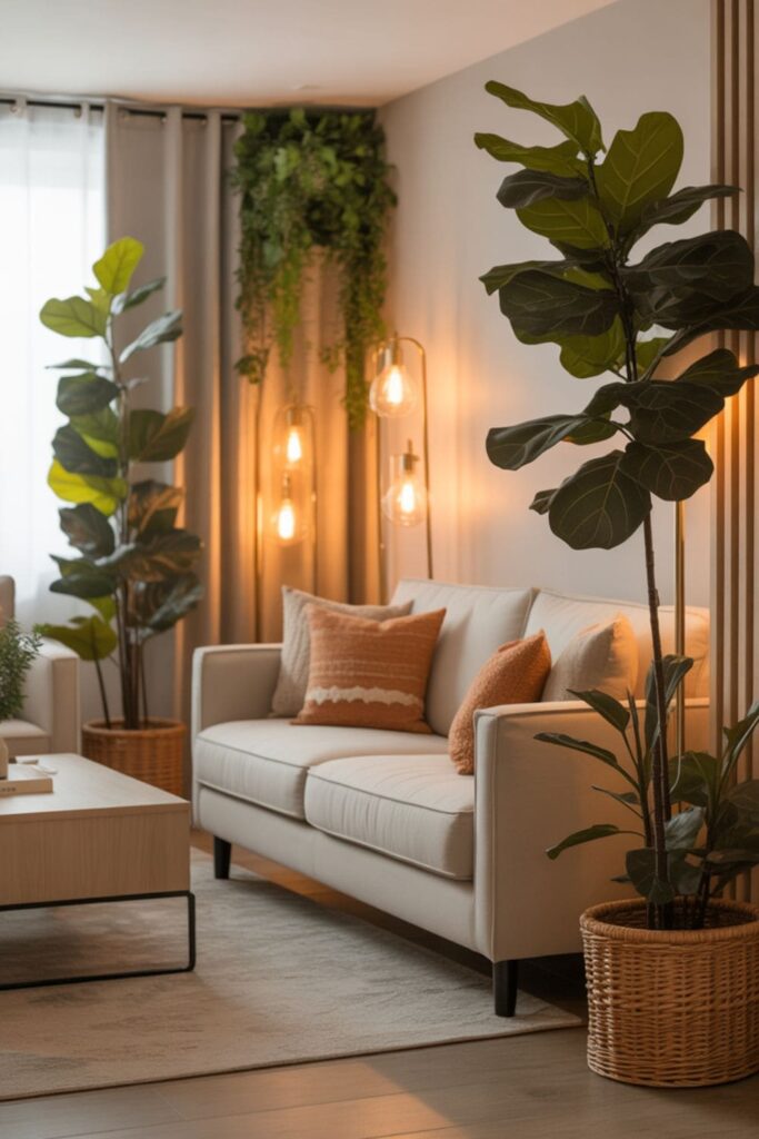 Tall plants and floor lamps adding height to a rental living room