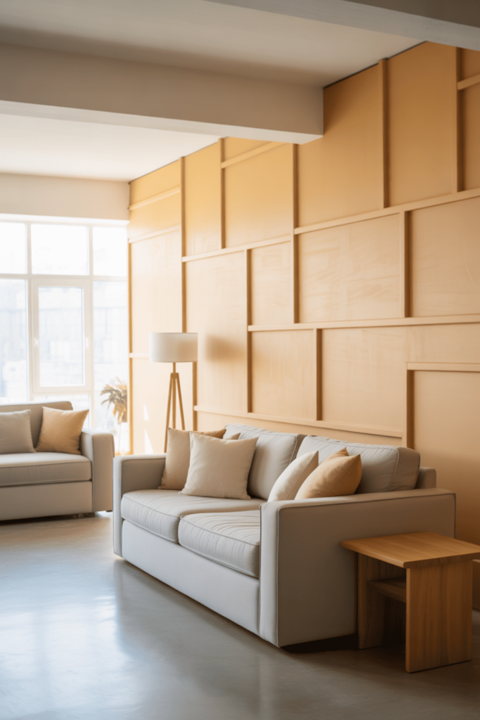 Textured MDF wall paneling in a budget-friendly modern living room