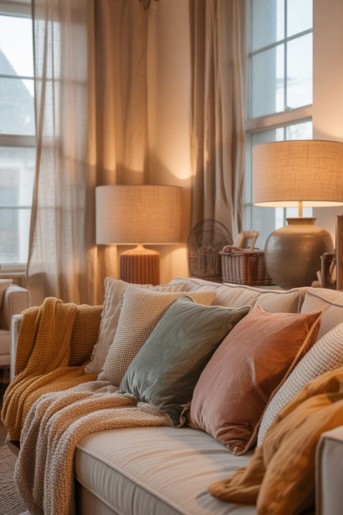 Textured fabrics and layered textiles in a cozy rental living room