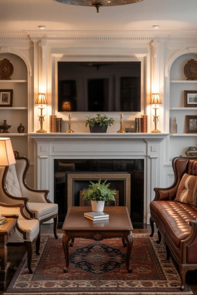 Traditional living room with a classic fireplace mantel and framed TV above it