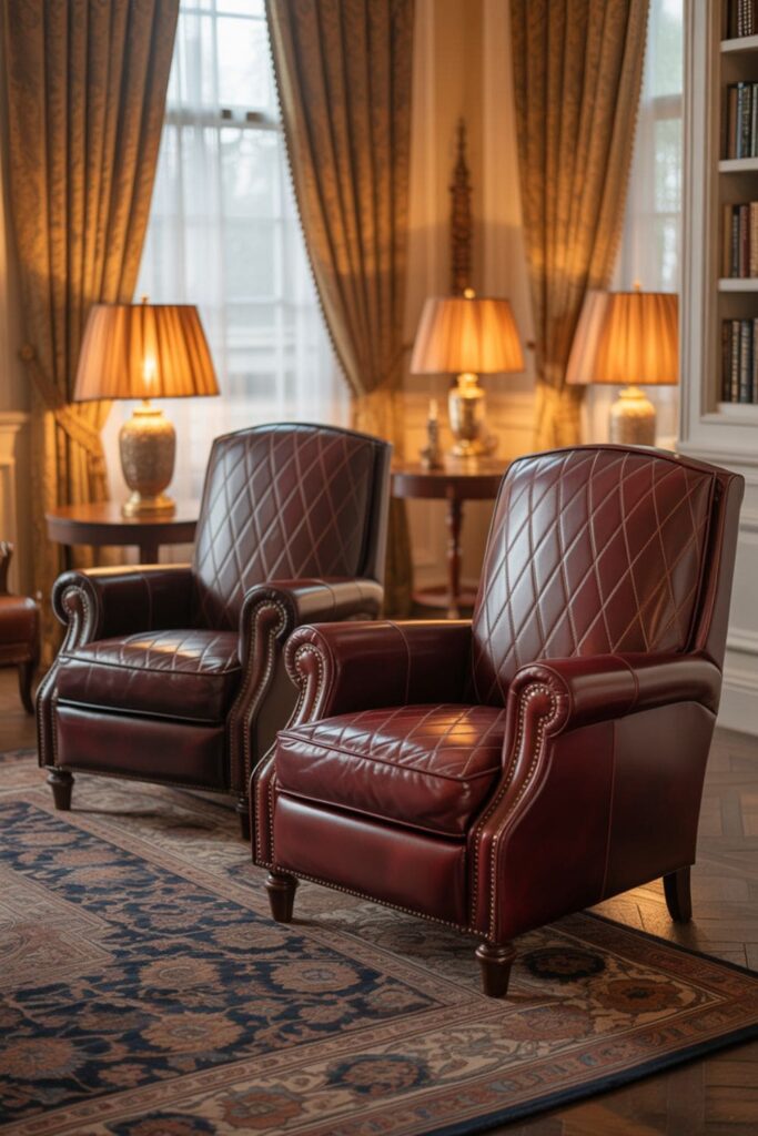 Traditional living room with rolled-arm recliners, rich colors, ornate rug, and classic curtains