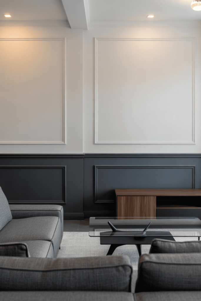 Two-tone wall paneling adding contrast and depth to a living room