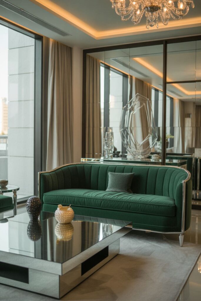 Velvet and linen sofa with layered cushions in various patterns, boutique hotel living room interior (2)