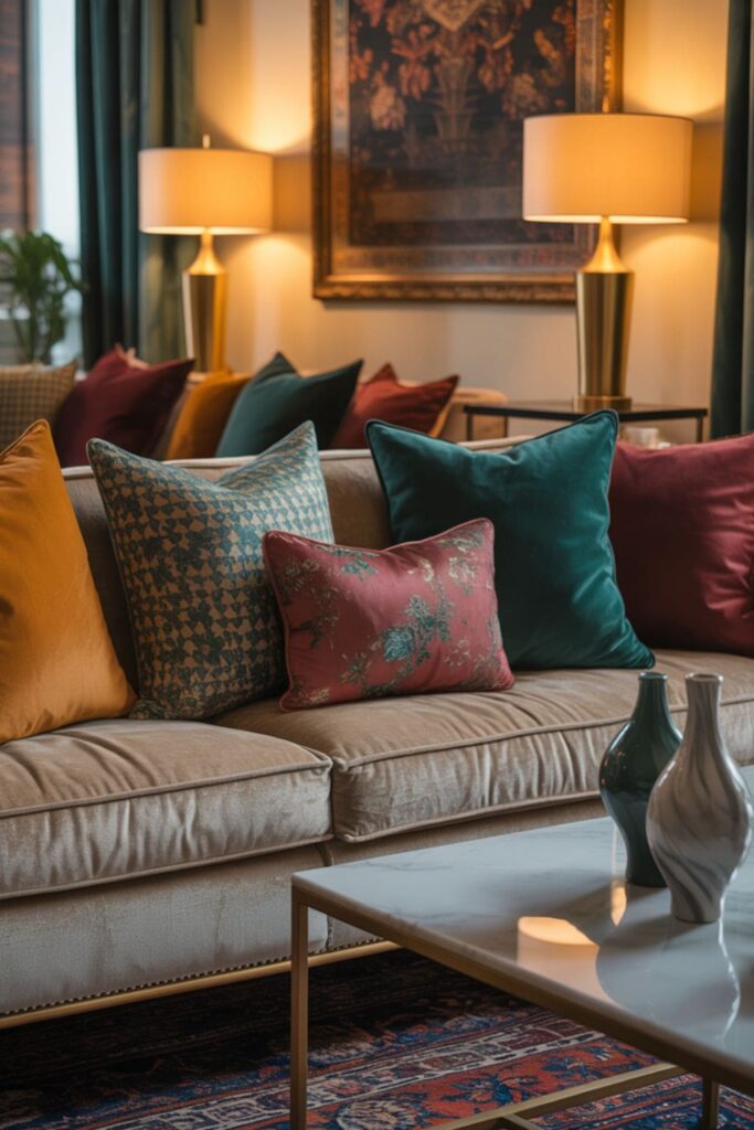 Velvet and linen sofa with layered cushions in various patterns, boutique hotel living room interior