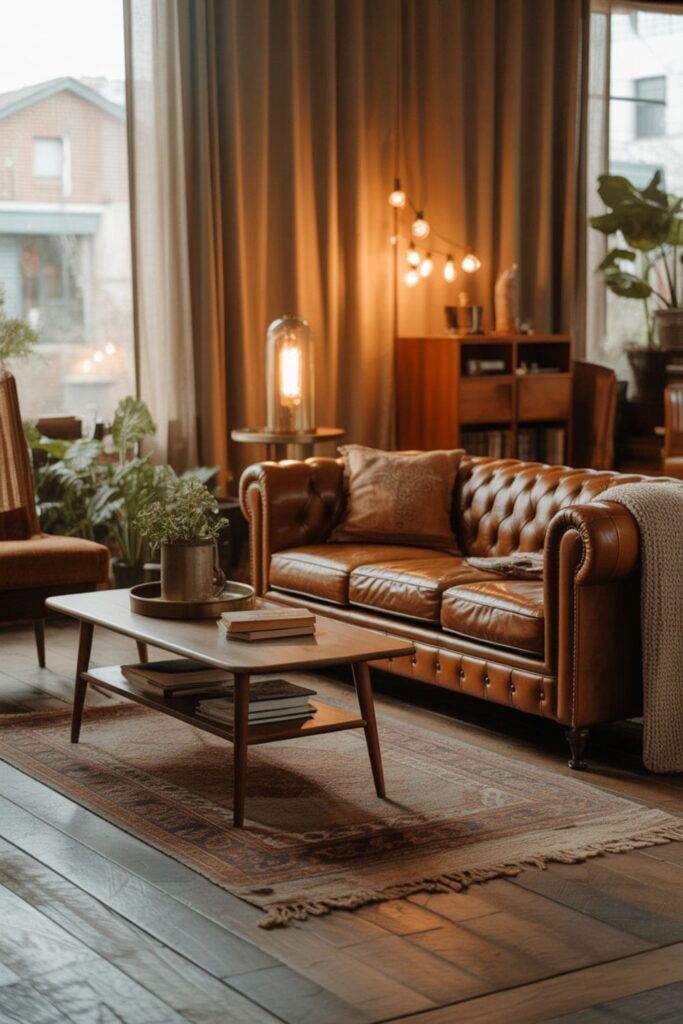Vintage-inspired living room without a TV with antique furniture and layered rugs