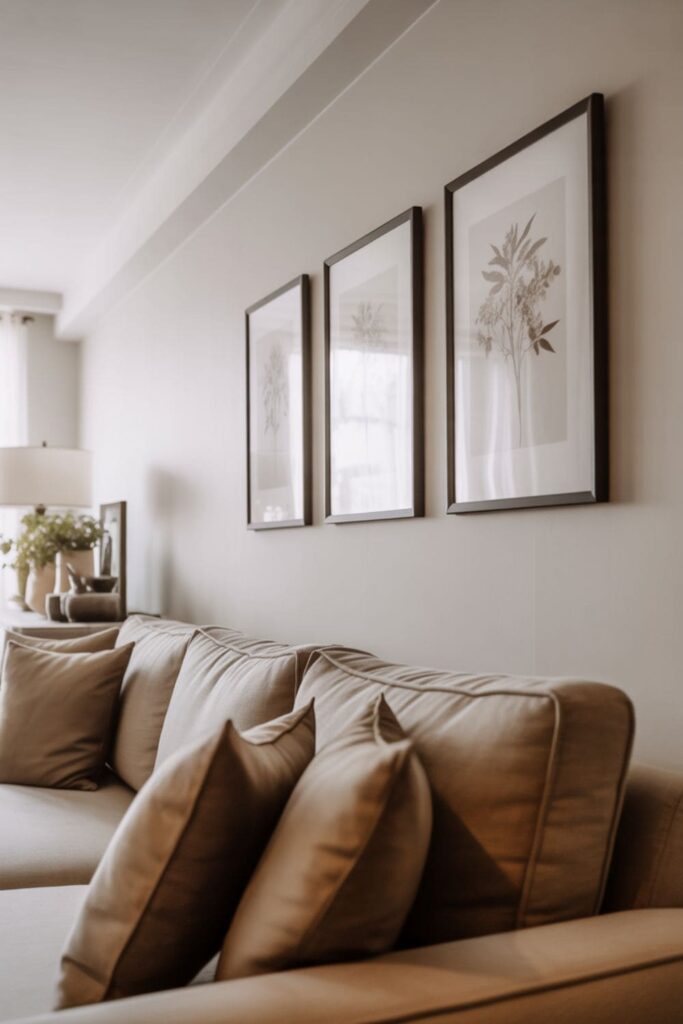 Wall art hung lower above a sofa for a more grounded living room look