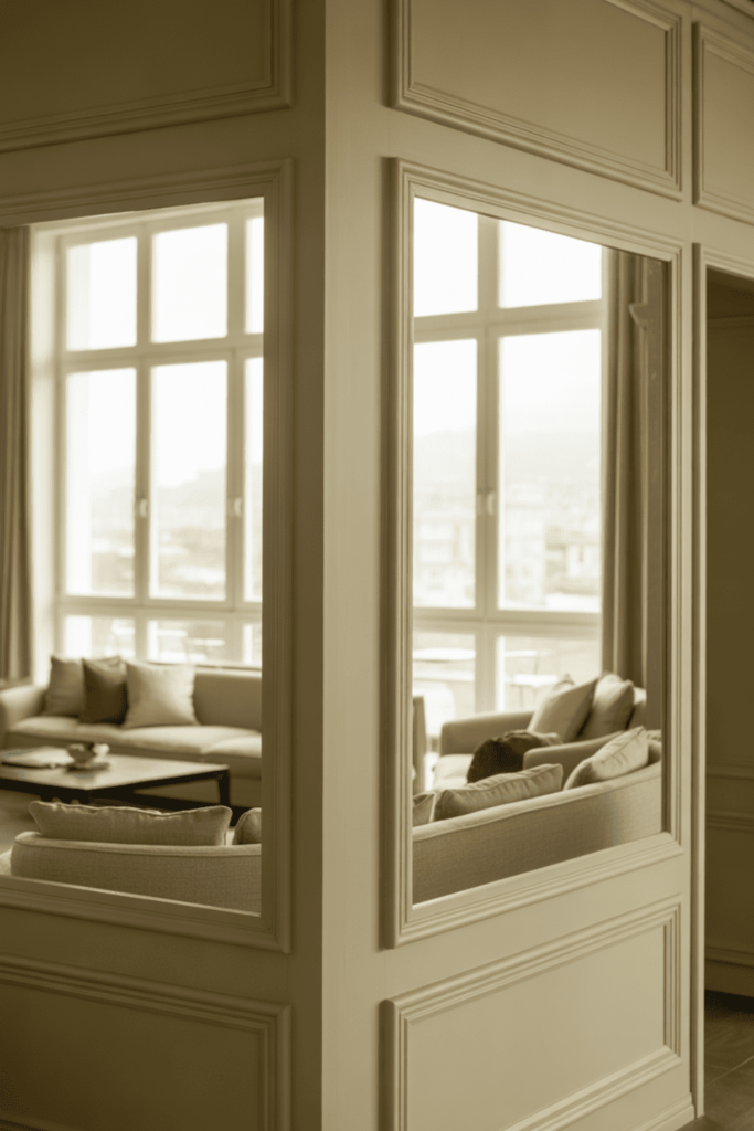 Wall paneling framing windows to create architectural interest in a living room