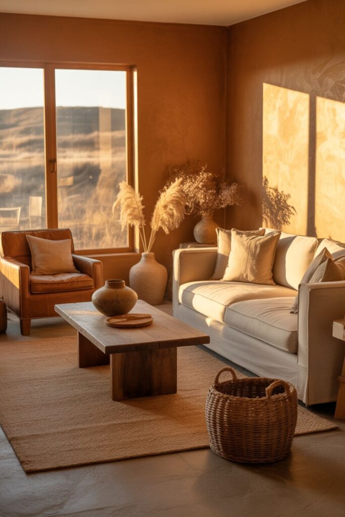 Warm clay beige living room illuminated by rich west-facing afternoon sunlight