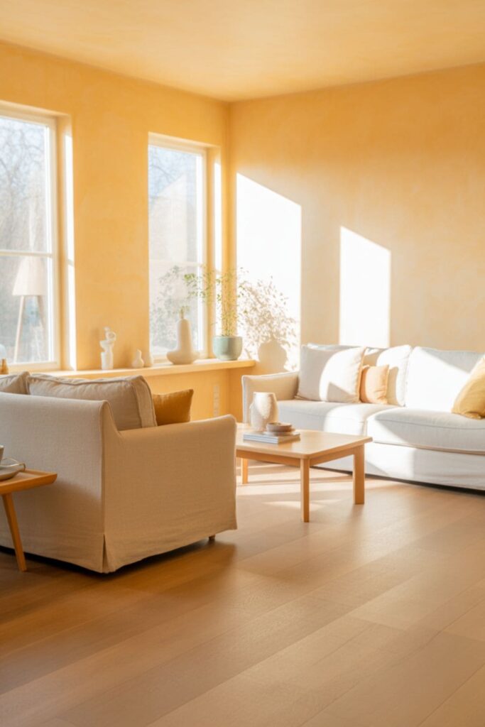 Warm vanilla living room brightened by soft north-facing natural light